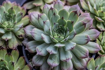Closeup of Succulent Plants Green Rosettes with Reddish Edges