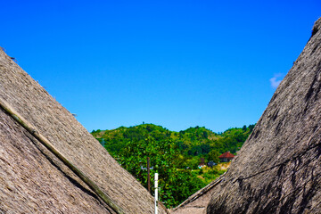 The roof design of a traditional Sasak tribe house in Sade Village, Lombok, West Nusa Tenggara. A...