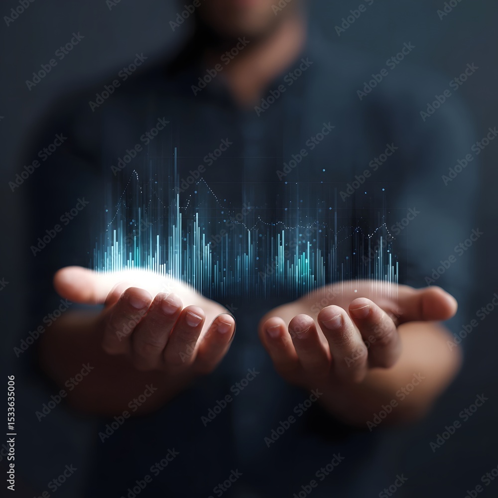 Poster virtual ui displaying revenue vs expense chart projected between hands