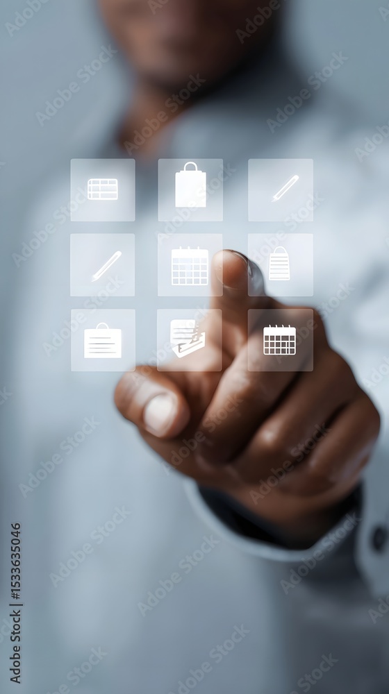 Poster clean digital interface with business calendar and schedule icons above a hand