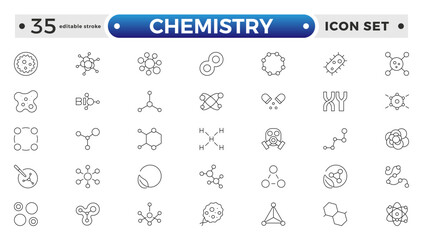 Chemistry outline icon set. Containing beaker, experiment, microscope, test tube, laboratory, molecule, and more. Line vector icons collection. Editable stroke outline icon.
