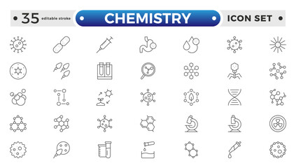 Chemistry outline icon set. Containing beaker, experiment, microscope, test tube, laboratory, molecule, and more. Line vector icons collection. Editable stroke outline icon.
