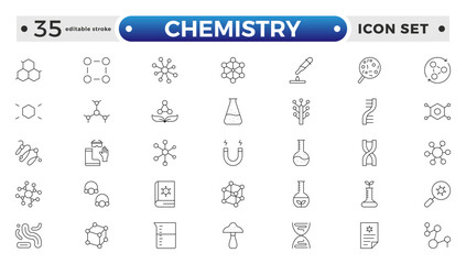 Chemistry outline icon set. Containing beaker, experiment, microscope, test tube, laboratory, molecule, and more. Line vector icons collection. Editable stroke outline icon.
