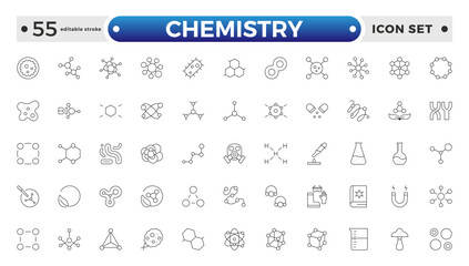 Chemistry outline icon set. Containing beaker, experiment, microscope, test tube, laboratory, molecule, and more. Line vector icons collection. Editable stroke outline icon.
