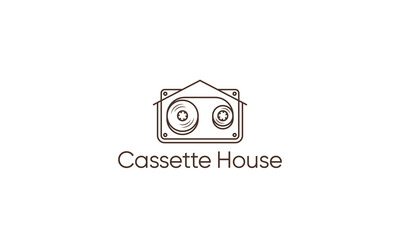 Radio cassette tape house logo. Home silhouette voice recorder.