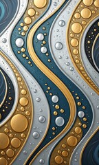 Abstract Wavy Background with Gold Silver and Blue Accents and Spherical Elements for Modern Design and Decorative Applications