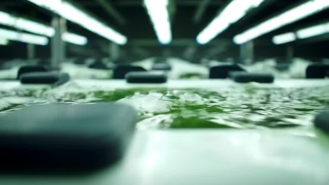 Close-Up Macro Shot of Bubbling Algae Bioreactor Tubes with Green Culture and Futuristic Lab Lighting