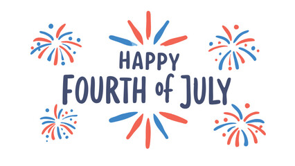 Happy fourth of july text with red and blue fireworks on a white background for independence day celebration