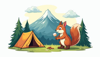 Naklejka premium Squirrel holding marshmallow near camping tent in mountains
