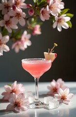 Refreshing pink cocktail with apple blossom. Pink summer drink with ice, flowers. Spring blossom cocktail, sweet refreshing drink, beverage, alcohol, juice, summer mood.