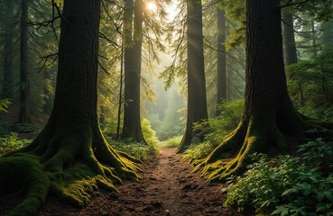 Fototapeta premium Path through enchanting Olympic National Park forest. Sun rays illuminate trees, moss-covered roots. Pacific Northwest, adventure, nature, travel, hiking, walking, eco tourism.