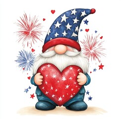 An adorable cutout of an American gnome wearing a hat in the colors red, white, and blue, holding a large heart, with a firework background clipart on light brown-colored paper, in a 4th of July theme