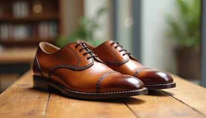 Pair of stylish brown leather shoes on wooden table. Classic men footwear with laces, perfect for formal occasions or business meetings. Elegant, shiny shoes ideal for any pro setting.