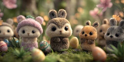 Enchanted Forest Cute Bunny Plushies in a Magical Setting