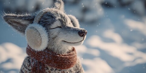 Winter Wonderland Husky Dog in Cozy Earmuffs and Scarf