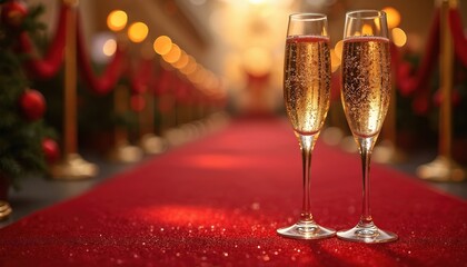 Two champagne flutes with bubbles, red carpet event celebration party. Festive luxury event with sparkling wine. Glamourous evening for awards, success. Champagne toast to rich moments.