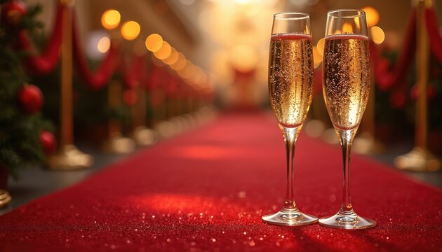 Two champagne flutes with bubbles, red carpet event celebration party. Festive luxury event with sparkling wine. Glamourous evening for awards, success. Champagne toast to rich moments. - Powered by Adobe