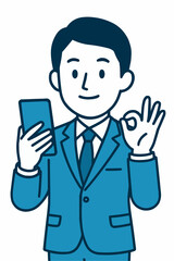 Businessman Holding Smartphone – OK Gesture, Minimal Blue Illustration