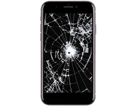 A close up of a broken smartphone screen with cracks and damage details