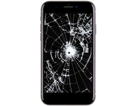 A close up of a broken smartphone screen with cracks and damage details