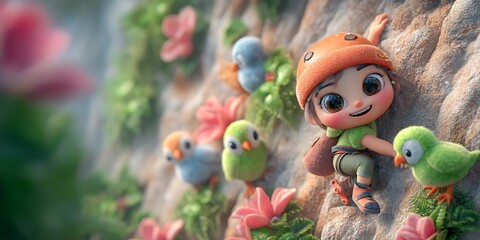 Charming Cartoon Child with Parrots Whimsical Digital Art