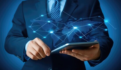Businessman uses tablet displaying global network