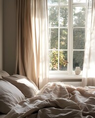 Bright and Airy Bedroom Scene with Sunlight Filtering Through Curtains onto Pastel Bed, Calm Morning Atmosphere in Minimal Bedroom with Soft Bedding and Natural Light