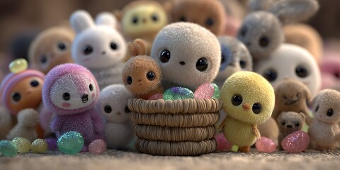 Cute Fluffy Animals Adorable Plush Toys in a Basket