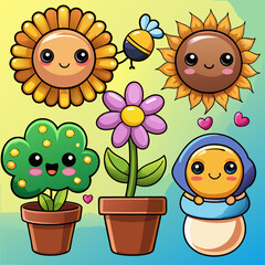 Vector set of cute kawaii-style gardening characters &ndash; smiling pots, flowers, sunshine, and bees