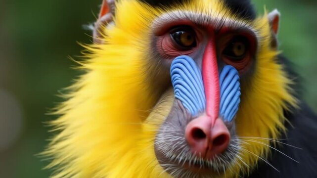 Close-up of colorful mandrill monkey with vibrant facial features  