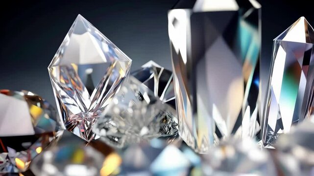 Elegant display of assorted cut gems with brilliant reflections and crystal clear clarity, arranged on a reflective surface against a dark background.