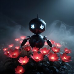 intensity, surrounded by the subtle, mystical mist that shrouds the scene, with the flowers' gentle, pulsing radiance illuminating the robot's dark, matte finish.