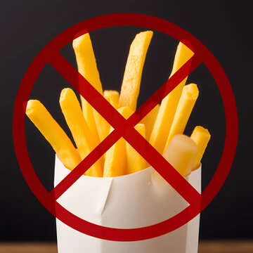 fast food, low carb diet, fattening and unhealthy eating concept - close up of french fries behind no symbol or circle-backslash prohibition sign