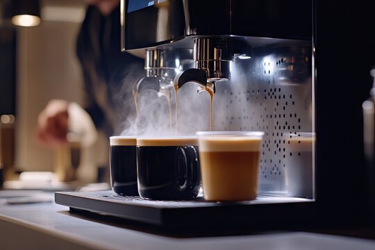 Close-up of a coffee machine dispensing steaming coffee into mugs.  Dark, modern appliance, with hot steam rising.  Two mugs with dark coffee, one with latte art.  Blurred figure in background