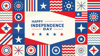 Happy independence day themed collage with stars stripes and patriotic geometric patterns displayed