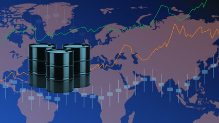 Global oil barrels overlaid on world map with  charts.