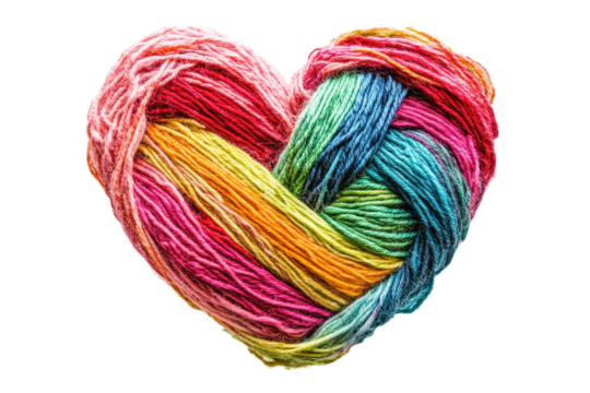 Colorful heart made from intertwined red and vibrant threads representing love and creativity crafted by skilled hands