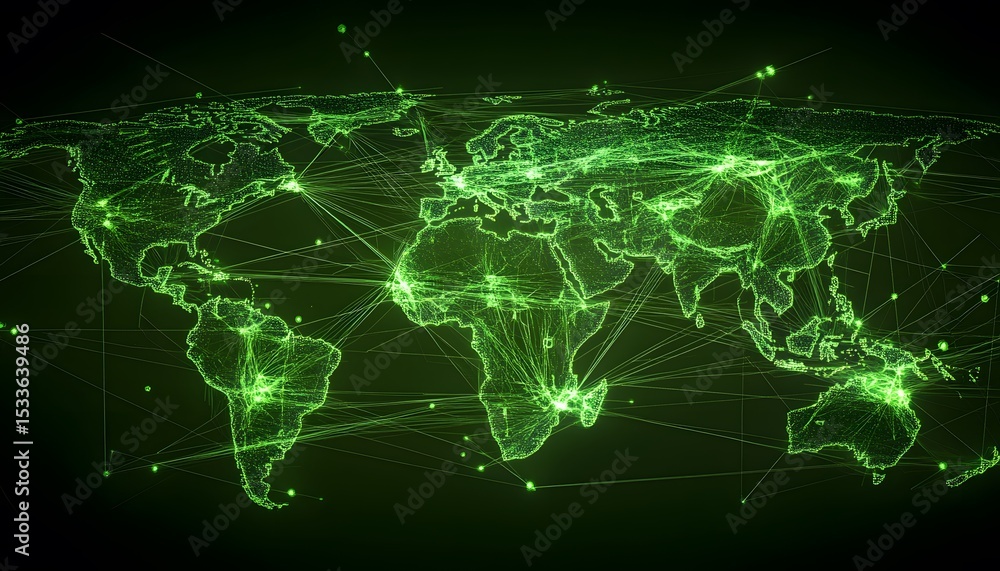 Poster global network map with glowing connections.