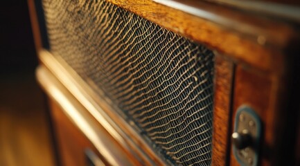 Close-up of vintage wooden cabinet with intricate grille