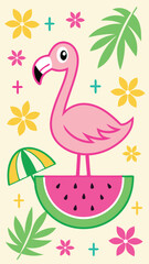 Naklejka premium Fun flamingo illustration resting on watermelon with decorative floral elements