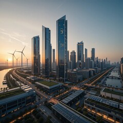 Futuristic city skyline with clean energy, wind turbines and solar panels, ultra-realistic, golden hour lighting, wide-angle view