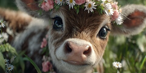Charming Calf in Flower Crown A Captivating Portrait