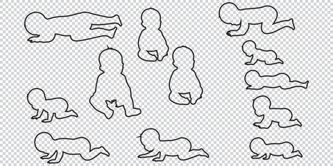 Crawling babies silhouettes vector illustration. Infants in different positions from side view EPS 10