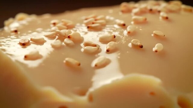 A creamy serving of junket topped with toasted sesame seeds, perfect for dessert