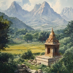 Distant view of a small temple framed by symmetrical rice paddies, with mist-covered limestone peaks rising in the background Rajasthani miniature techniques, fine brush detailing,