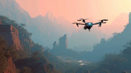 Floating AI drone scanning a futuristic landscape. Futuristic concept drone robot. AI automation technology for safe health transport, vaccine delivery, medical logistics.