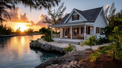 Obraz premium Sunset lakeside house