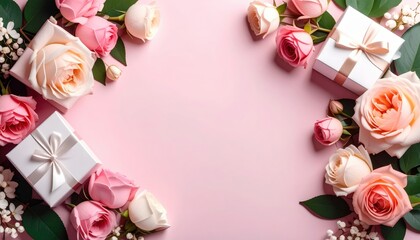 Valentine's day floral arrangement with gifts romantic setting photography soft pink background aesthetic concept