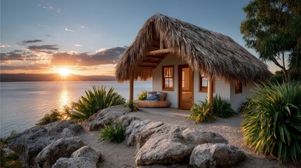 Fototapeta premium Sunset overlook lake cabin