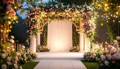 Romantic wedding ceremony setup outdoor garden floral decor evening ambiance elegant viewpoint love celebration